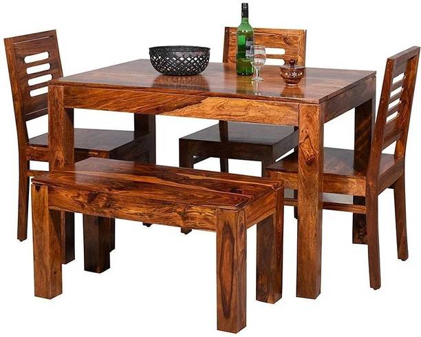 NMT Dining Table Set with 3 Chair & 1 Bench for Home Living Room Furniture Solid Wood 4 Seater Dining Set