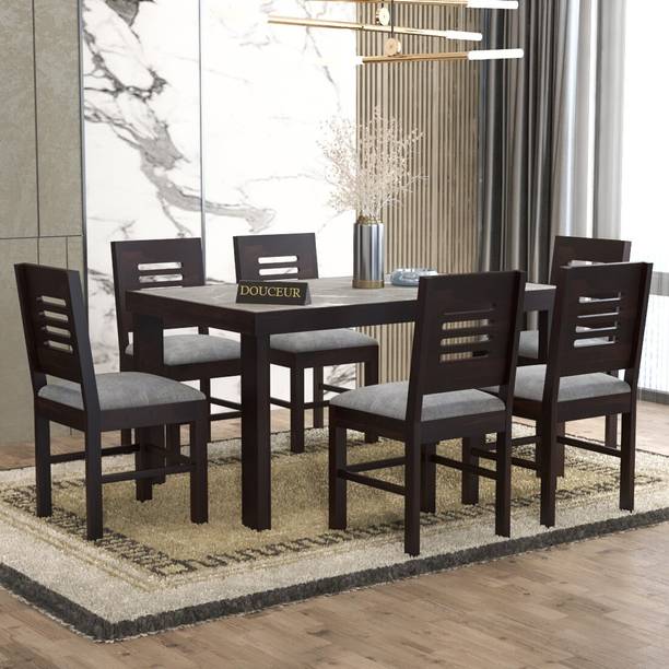 Douceur Furnitures Solid Wood Grey Marble Top Finish Six Seater Dining Set For Dining Room Solid Wood 6 Seater Dining Set