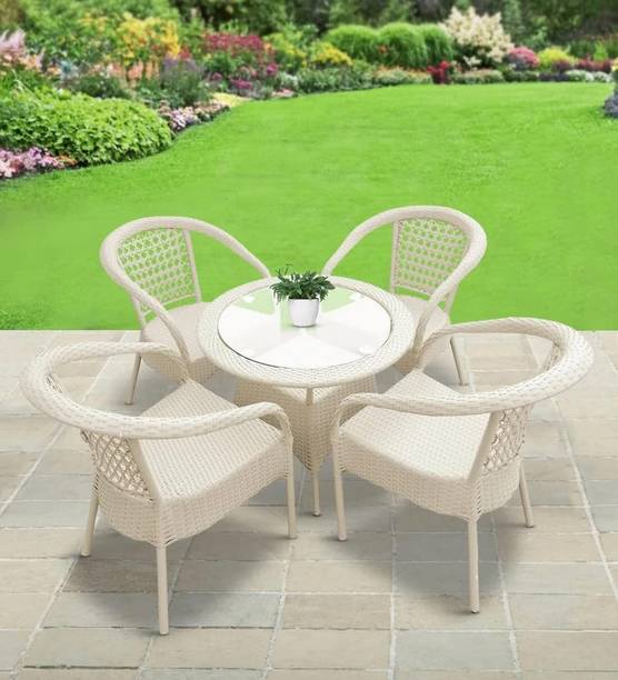 Kimber Street Furniture Outdoor-Indoor Rattan Wicker 4-Seater Patio Dining Set with Glass Top Table Metal 4 Seater Dining Set