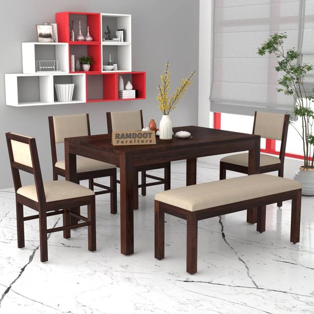 Ramdoot Home Decor Wooden 6 Seater Dining Table Set| Solid Wood Dining Table with 4 Chairs &1 Bench Solid Wood 6 Seater Dining Set