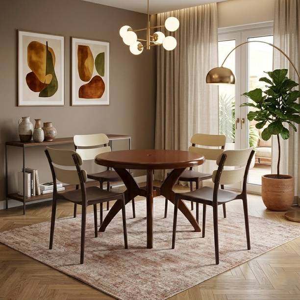 TrendyLivings Round Dining Table with 4 Chairs for Home, Balcony, Garden, Cafe, Restaurant Plastic 4 Seater Dining Set