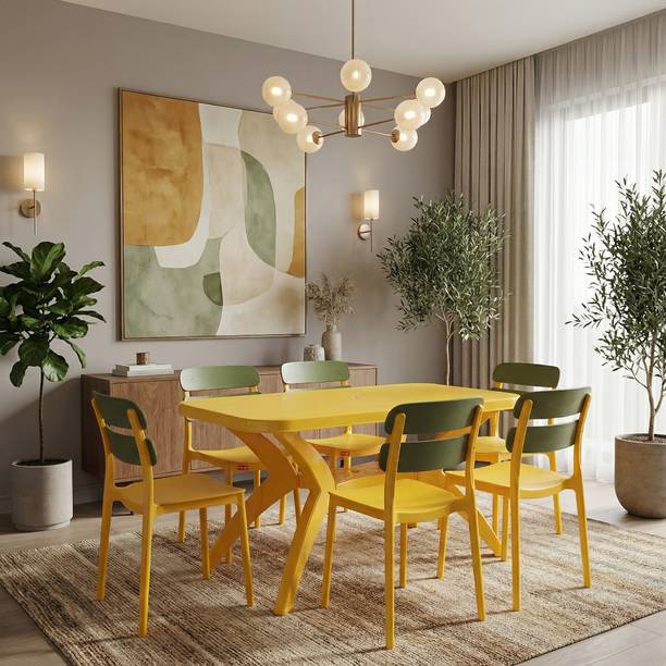 TrendyLivings 6 Seater Dining Table Set for Home Garden Cafeteria Restaurant Plastic 6 Seater Dining Set