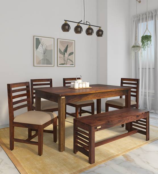 LOONART Solid Sheesham Wood Six Seater Dining Set With Bench For Dining Room, Café. Solid Wood 6 Seater Dining Set