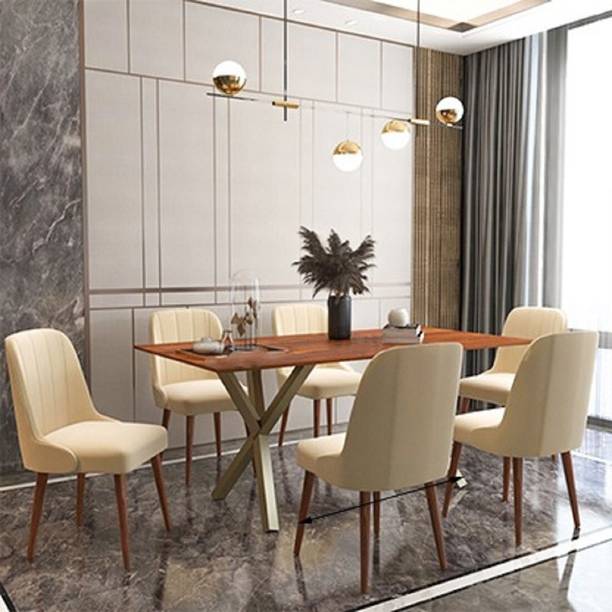 Worldwood Solid Wood Dining With Fully Upholstery Velvet Chair ll Metal 6 Seater Dining Set