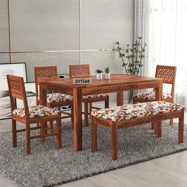 DITHA Solid Sheesham Wood Six Seater Dining Table Set With Bench For Dining Room. Solid Wood 6 Seater Dining Set