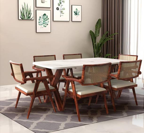 SURYAVANSHAM HANDICRAFT Dining Table Set 6 Seater with Marble Top for Home, Living Room | Sheesham Woo Solid Wood 6 Seater Dining Set