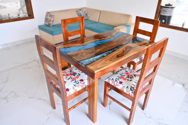 Scyza Artiz Solid Sheesham Wood Premium Epoxy River Dining Table With 4 Chair For Home. Solid Wood 4 Seater Dining Set