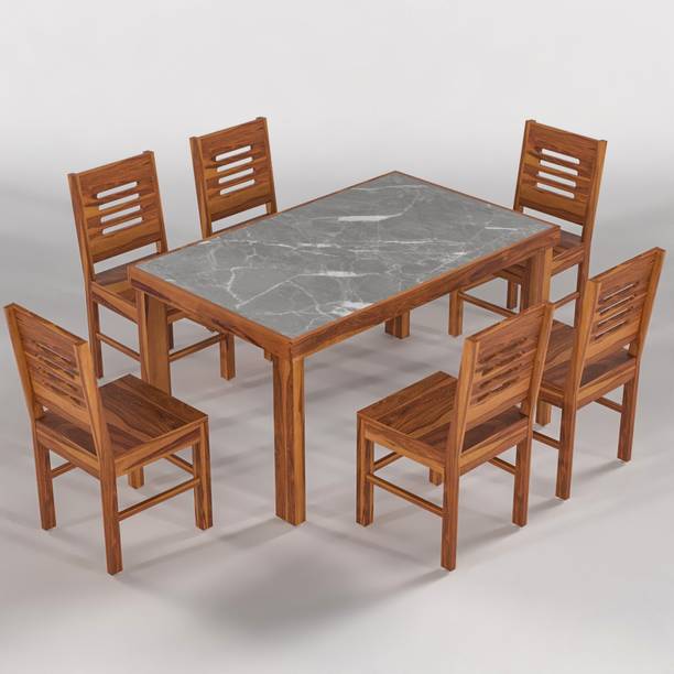 Douceur Furnitures Solid Wood Grey Marble Top Finish Six Seater Dining Set For Dining Room Solid Wood 6 Seater Dining Set