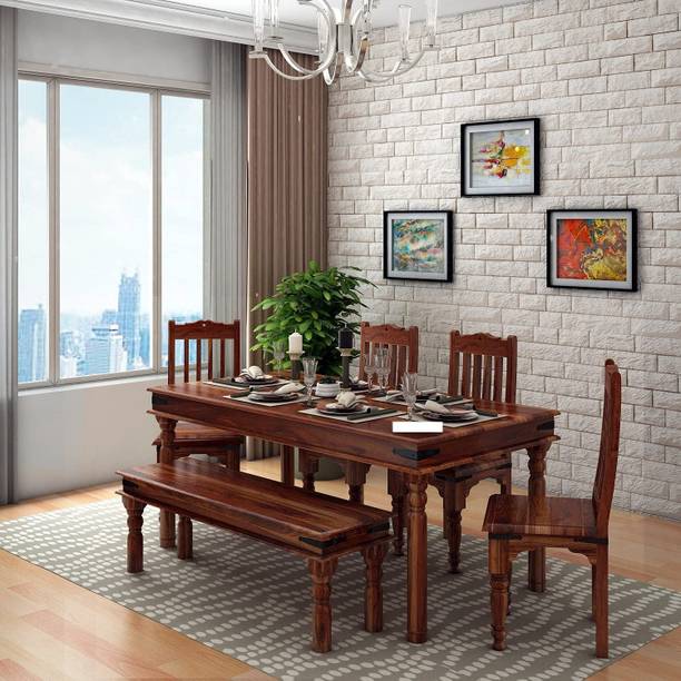 FURNISQUARE Sheesham Wood 6 Seater Dining Table With 4 Chairs & Bench For Dining Room Solid Wood 6 Seater Dining Set