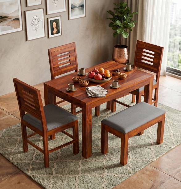 TIMBERFLEX Sheesham Wood Dining Table Set with Cushioned Chair & Bench | For Home & Cafe | Solid Wood 4 Seater Dining Set