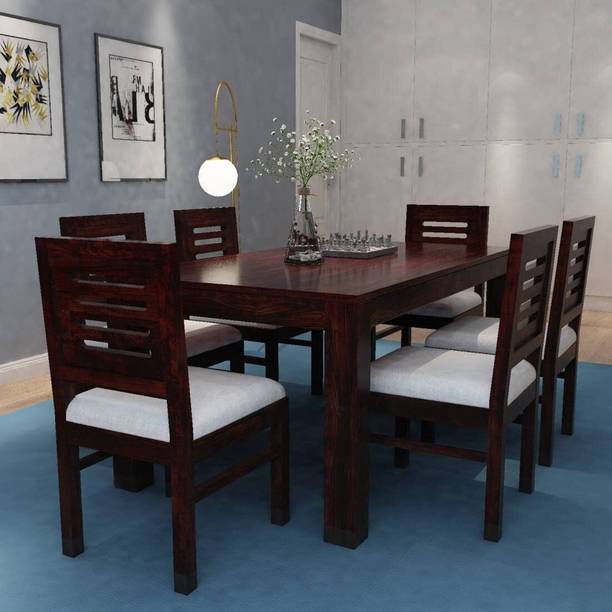WOODSTAGE Solid Sheesham Wood Dining Table Set with 6 Cushion Chairs For Home Living Room Solid Wood 6 Seater Dining Set