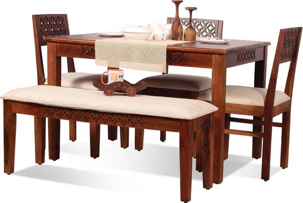 Sheesham Craft Carvo 3 Chair & 1 Bench,Cushion Chairs,SmoothEdges,Natural Colour,Matte Finished Solid Wood 4 Seater Dining Set
