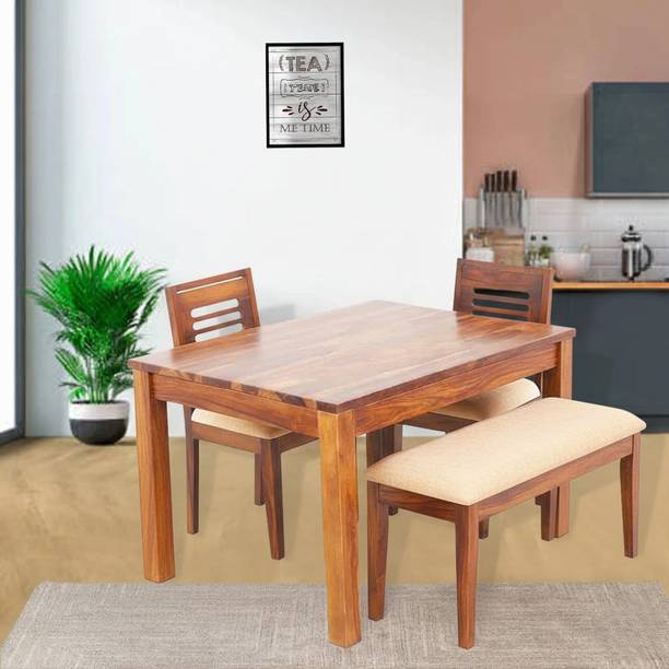 Deuba Solid Sheesham Wood 4 Seater Dining Table Set with 2 Chairs and 1 Bench | Solid Wood 4 Seater Dining Set