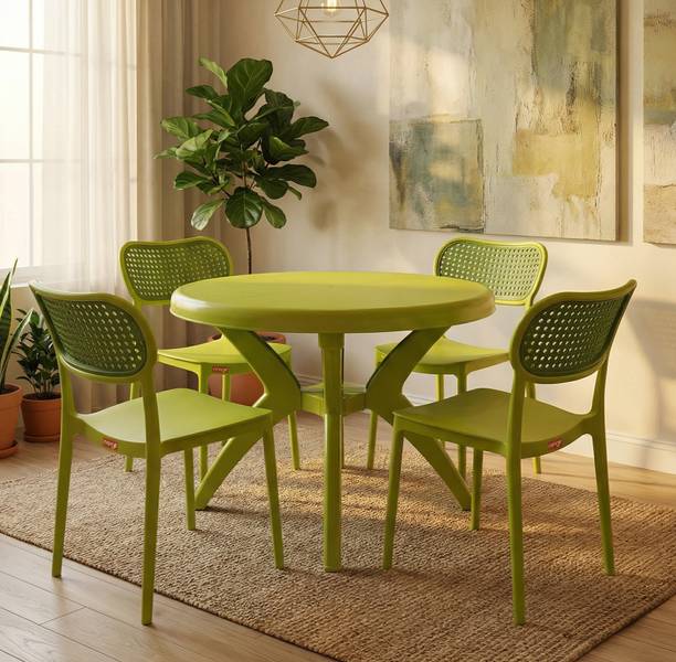 TrendyLivings Round Dining Table with 4 Chairs for Home, Balcony, Garden, Cafe, Restaurant Plastic 4 Seater Dining Set