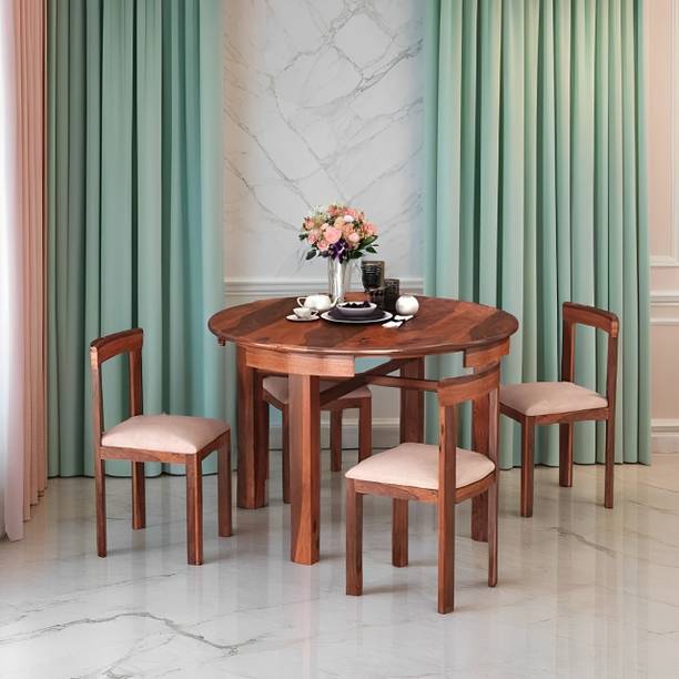 Taskwood Furniture Solid Sheesham Wood Round 4 Seater Dining Table Set For Dining Room. Solid Wood 4 Seater Dining Set
