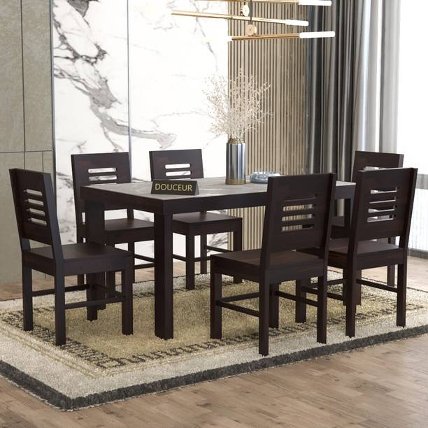 Douceur Furnitures Solid Wood Grey Marble Top Finish Six Seater Dining Set For Dining Room Solid Wood 6 Seater Dining Set