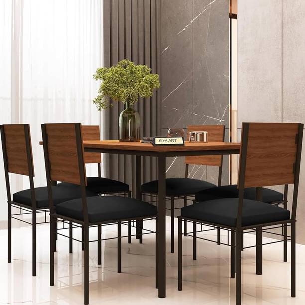 SIYA ART Wooden Top Iron Frame 6 Seater Dining Table with Cushioned Chair Metal 6 Seater Dining Set
