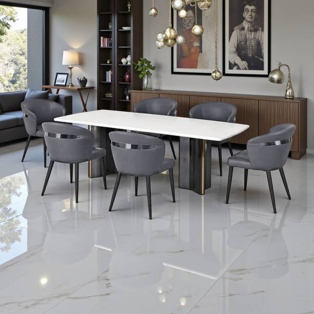 THE ATTIC The Attic AuraMax 6 Seater Dining Set,Steel Grey,Titanium & Cream,180Cms Metal 6 Seater Dining Set