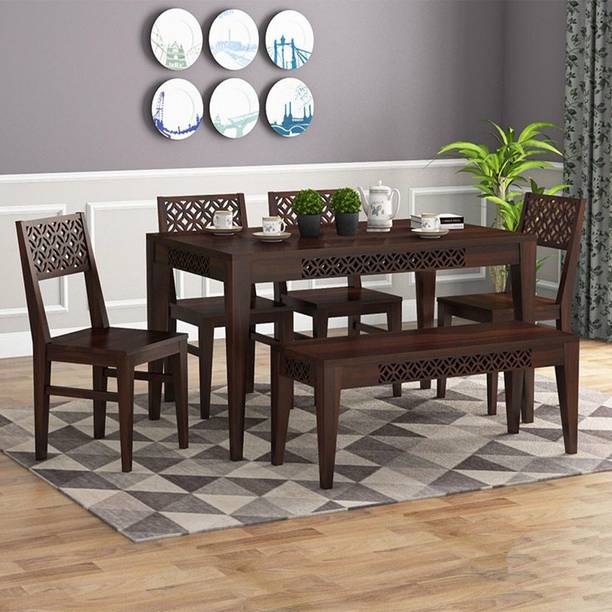 Mooncraft Furniture Wooden Dining Table with 4 Chairs & 1 Bench Solid Wood 6 Seater Dining Set