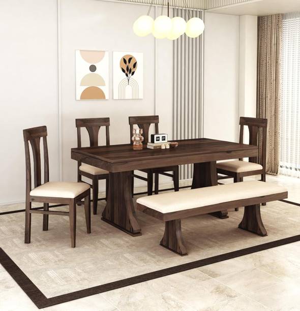 SONA ART & CRAFTS Paan Solid Sheesham Wood 6 Seater Dinner Dinning Table with 4 Chair & 1 Bench Solid Wood 6 Seater Dining Set