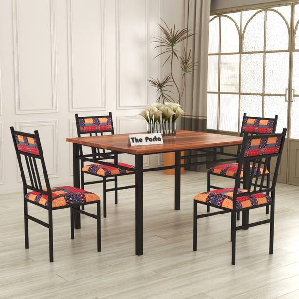 Carftjar Metal Four Seater Dining Set/ Wooden Top Dining Set With Cushion Chair | Metal 4 Seater Dining Set