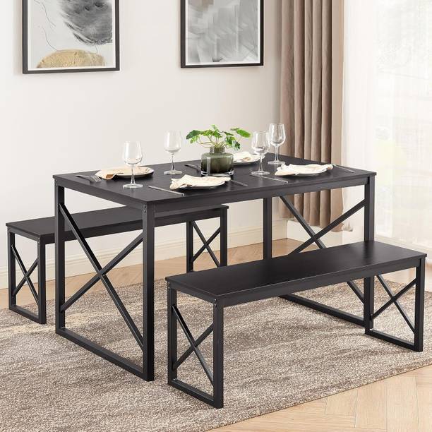 Worldwood Table with 2 Benches for Wooden Dining Room Set with Metal Frame Metal 4 Seater Dining Set