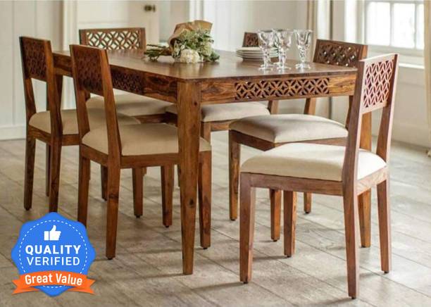 Taskwood Furniture 6 SEATER DINING TABLE WITH Cream CUSHION FOR DINING ROOM Solid Wood 6 Seater Dining Set