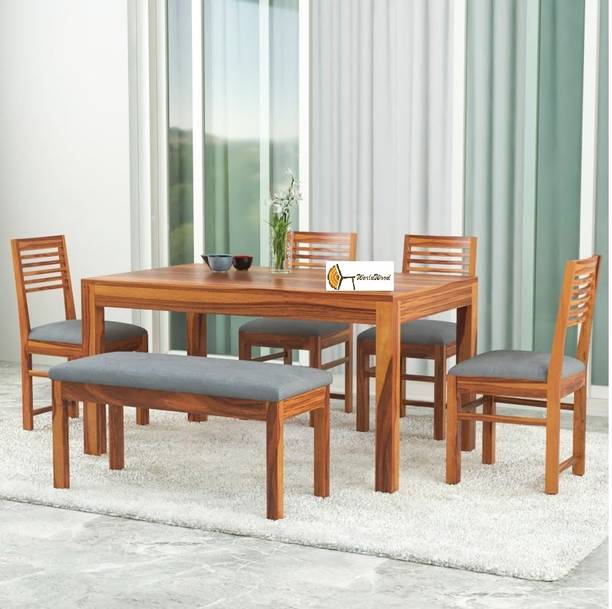 Worldwood Rectangle Six Seater Dinning Table with 4 Chairs & 1 Bench for Home Solid Wood 6 Seater Dining Set