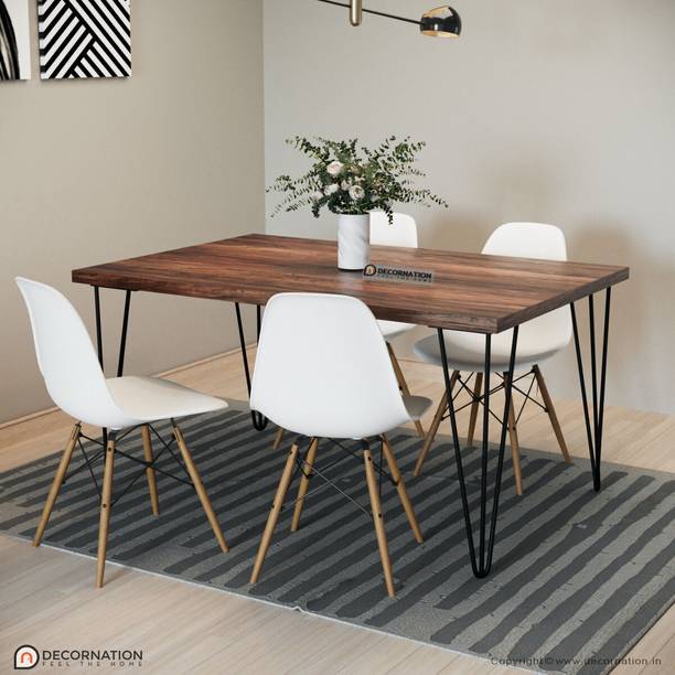 DecorNation Pandora Wooden Hairpin Legs Solid Wood 4 Seater Dining Set