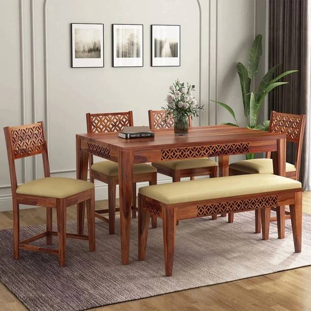 DITHA Solid Sheesham Wood Six Seater Dining Table Set With Bench For Dining Room. Solid Wood 6 Seater Dining Set