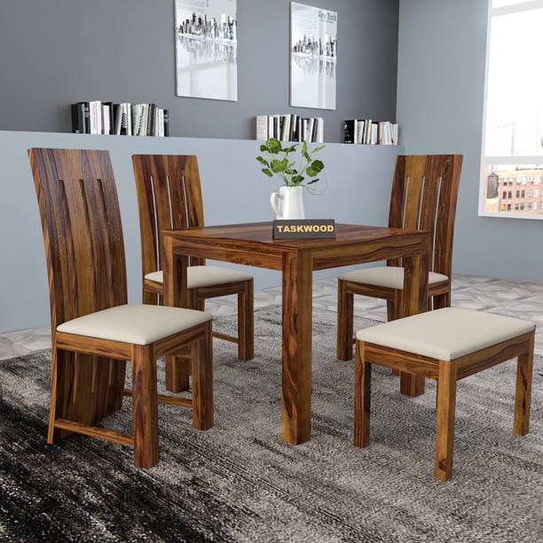 Taskwood Furniture Solid Sheesham Wood Four Seater Dining Set With Bench For Dining Room Restaurant Solid Wood 4 Seater Dining Set