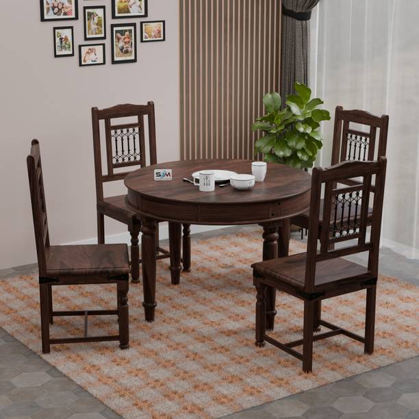 Shree Jeen Mata Enterprises Solid Wood Four Seater Round Dining Set For Dining Room | Kitchen | Restaurant | Solid Wood 4 Seater Dining Set
