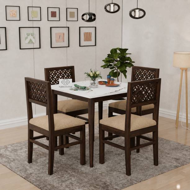 Floresta Wud Marble Solid Wood 4 Seater Dining Table Set With Engineer Wood Table Top | Solid Wood 4 Seater Dining Set