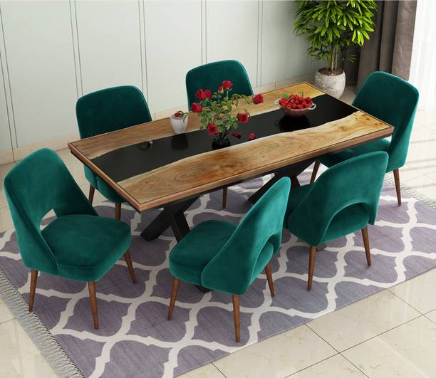 Woodenspace Solid Wood 6 Seater Wooden & Marble Dining Set for Dining Room & Kitchen Stone 6 Seater Dining Set