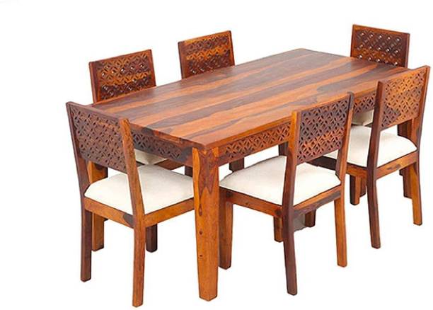 Deuba Solid Wood Dining Table Set with Cushion Natural Teak Finish Solid Wood 6 Seater Dining Set