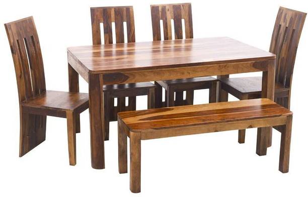 Custom Decor Sheesham Wood Dining Set 6 Seater | for Home & Dining Room | Wooden Dinning Table with 4 Striped Chairs & Bench | Dining Room Set | Provincial Honey Finish (Design 2) Solid Wood 6 Seater Dining Set