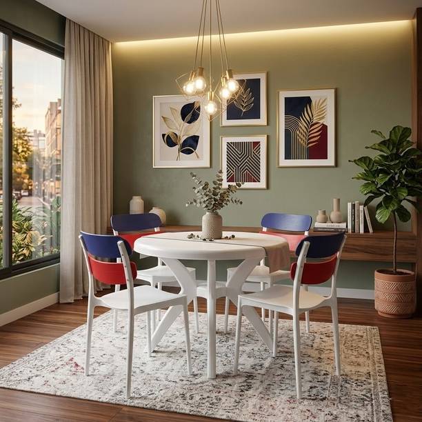 TrendyLivings Round Dining Table with 4 Chairs for Home, Balcony, Garden, Cafe, Restaurant Plastic 4 Seater Dining Set