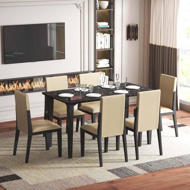 ELMSPIRE Brianna Luxuriously Cushioned Chairs Contemporary Design Solid Wood 6 Seater Dining Set