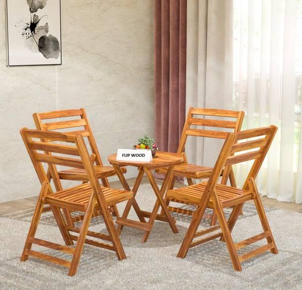 FLIPWOOD Wooden Patio Dining Set Foldable 4 Chair and Round Table for Garden Outdoor Solid Wood 4 Seater Dining Set