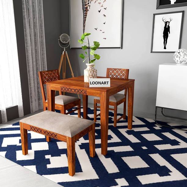 LOONART Solid Sheesham Wood Four Seater Dining Set CNC Design For Dining Room, Café. Solid Wood 4 Seater Dining Set