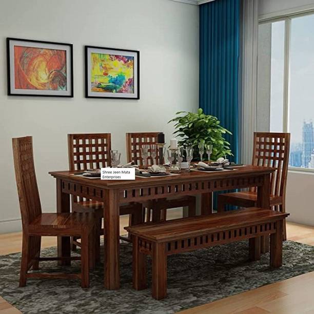 Shree Jeen Mata Enterprises Solid Sheesham Wood Dining Set One Dining Table With Four Chair & One Bench | Solid Wood 6 Seater Dining Set