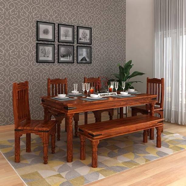 Ganpati Arts Solid Sheesham Wood 6 Seater Jaipur Dining Table Set with 4 Chairs and 1 Bench Solid Wood 6 Seater Dining Set
