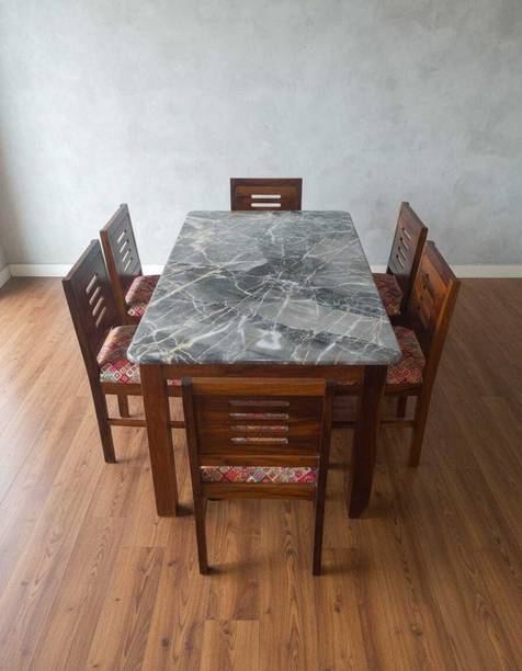 Worldwood Italian Marble Finish Table Top With Rajasthani Hand Block Printed Chair Solid Wood 6 Seater Dining Set