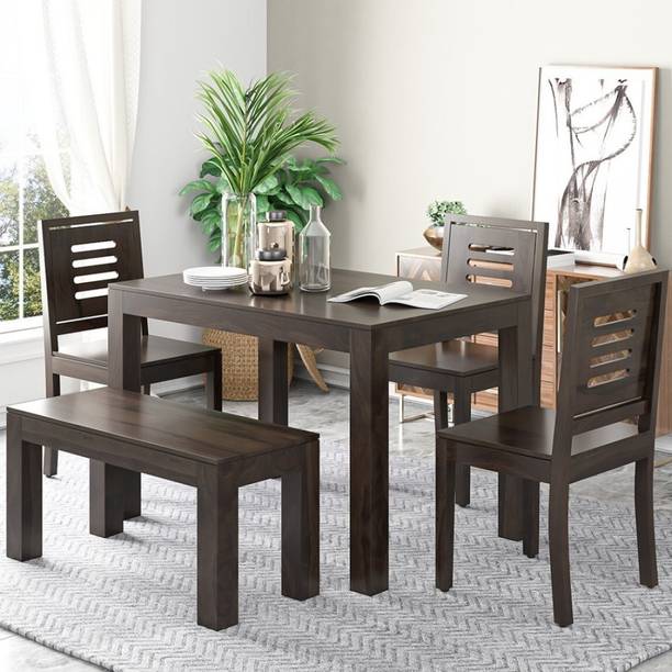 Taskwood Furniture Solid Sheesham Wood 4 Seater Dining Table With 3 Chairs, 1 Bench For Dining Room Solid Wood 4 Seater Dining Set