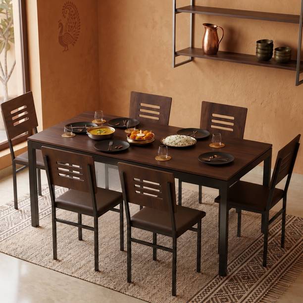 Bluewud 6 Seater Rectangular Dining Set with Cushioned Chair, Dining Table Set Metal 6 Seater Dining Set