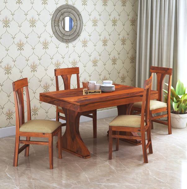 WOODSTAGE Sheesham Wood 4 Seater Dining Table with Cushioned Chairs Solid Wood 4 Seater Dining Set
