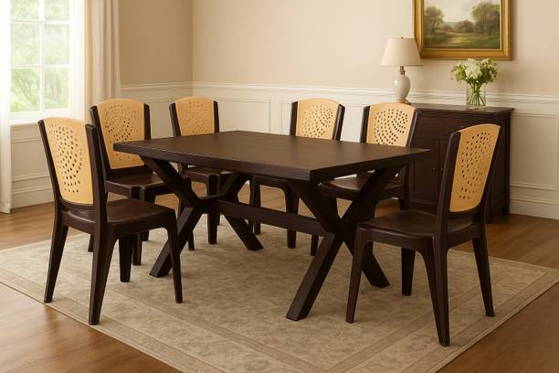 AVRO Magna Double Top Table with Mars Chair for Home, Cafe and Outdoor Seating Plastic 6 Seater Dining Set