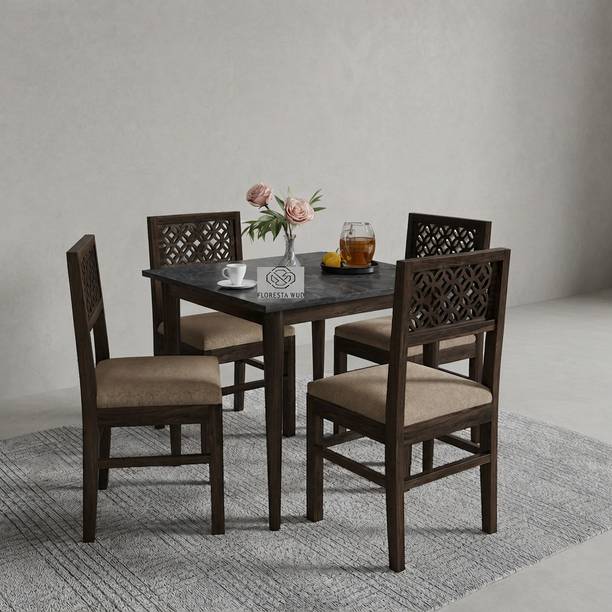 Floresta Wud Volcano Marble Finish Engineer Wood Table Top Solid Wood Dining Table With Chair Solid Wood 4 Seater Dining Set