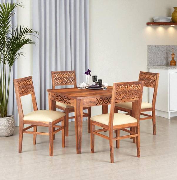 LIFEWOOD Life Wood Solid Sheesham CNC Wood 4 Seater Dining Table Set Teak Solid Wood 4 Seater Dining Set
