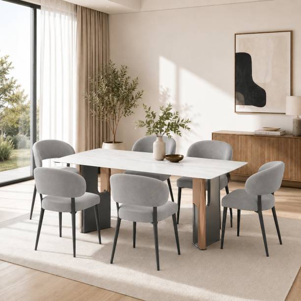 THE ATTIC The Attic Urban Crown 6 Chair Dining Set,Light Grey,Titanium, Rose Gold,160Cms Metal 6 Seater Dining Set